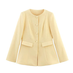 Beige blazer with button details on a white background