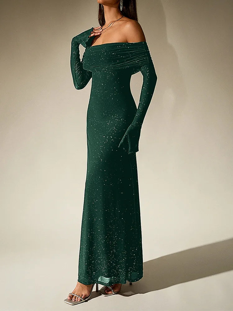Green off-shoulder long-sleeve dress on a neutral background