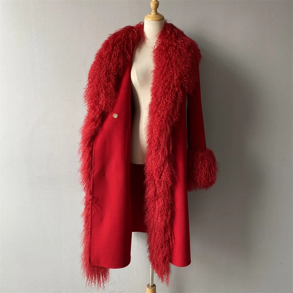 Red fur coat on a mannequin against a plain background