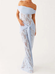 Light blue off-shoulder lace gown on a white background