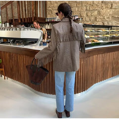 Fringe Sleeve Wool-Blend Tassel Blazer Coat