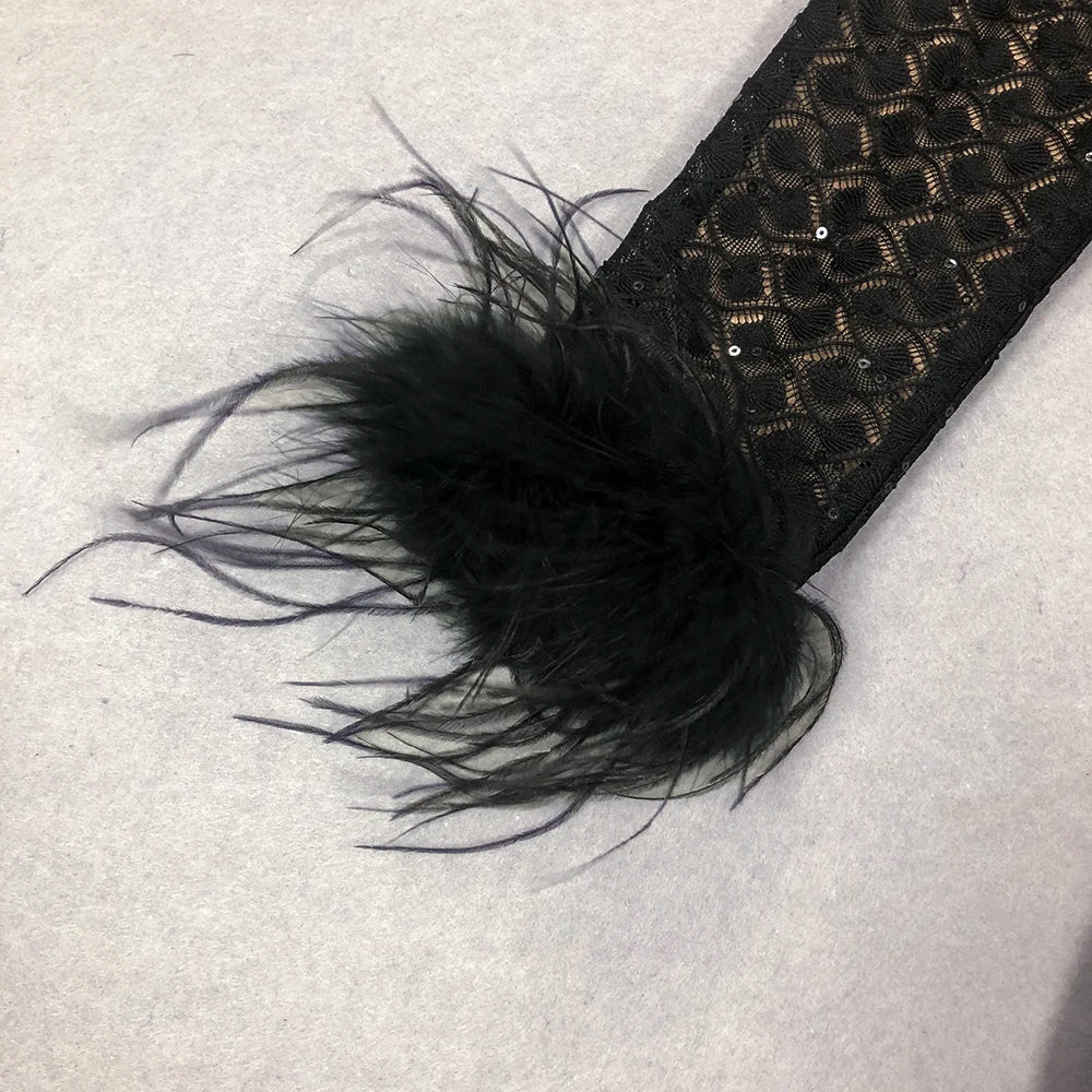 Black lace fabric with feather accents on a light gray background