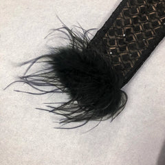 Black lace fabric with feather accents on a light gray background