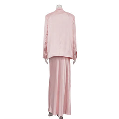 Pink satin outfit on a mannequin against a white background