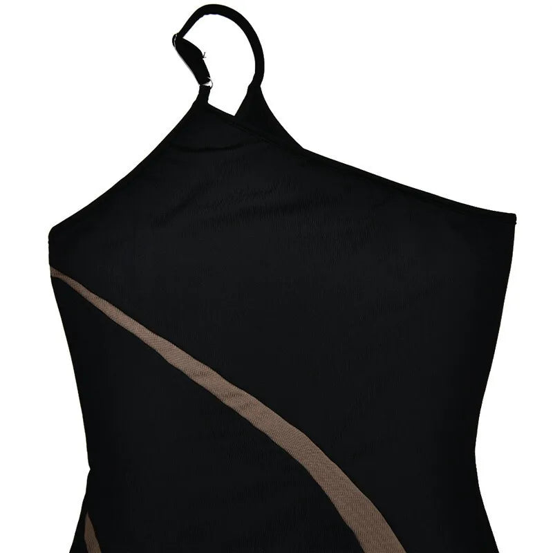 Black halter top with a diagonal brown stripe