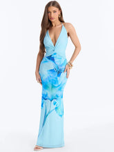 Blue floral print halter neck maxi dress