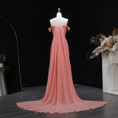 Pink Off Shoulder Ruched Chiffon Gown with Sweep Train
