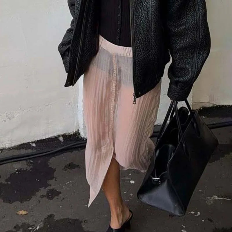 Sheer pleated slit midi skirt