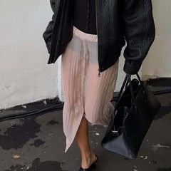 Sheer pleated slit midi skirt