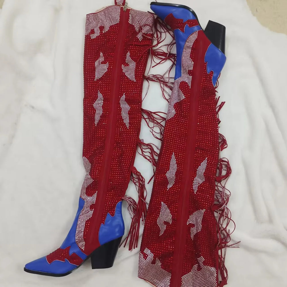 Red beaded boots with blue soles