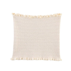 Textured cream pillow with ruffled edge on a white background