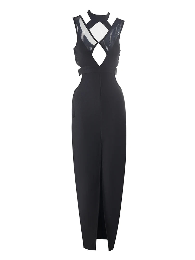 Black jumpsuit with cut-out design on a white background