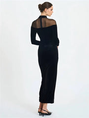 Black Velvet Sheer Off-shoulder Long Sleeve Maxi Dress