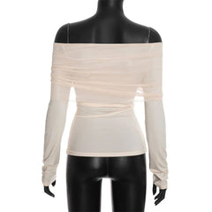 Off Shoulder Pleated Mesh Top