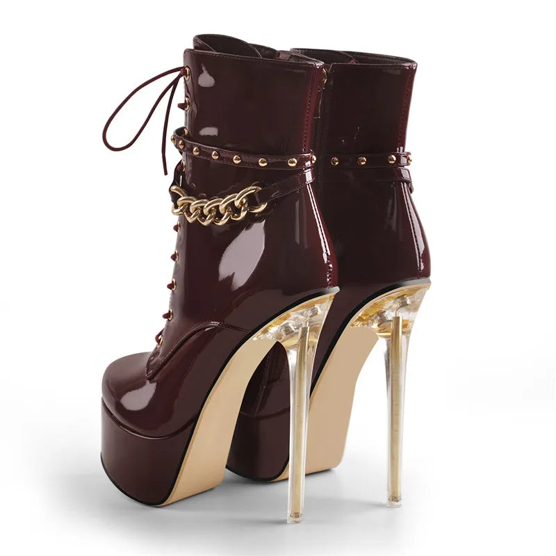 Rear view of patent leather lace-up platform ankle boots showcasing the clear stiletto heel.