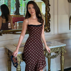 Polka Dot Lace Trim Asymmetric Ruffle Hem Mini Dress