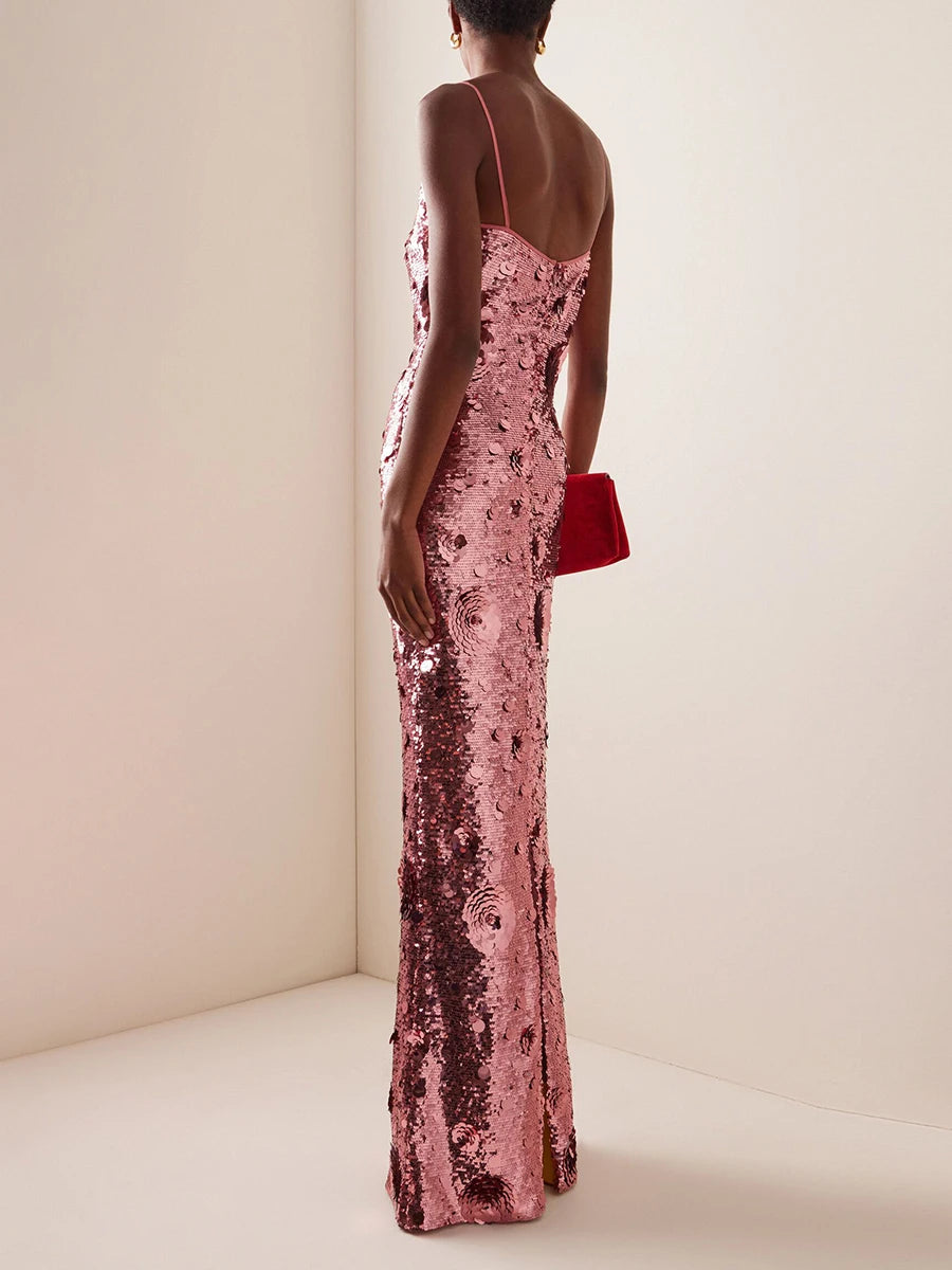 Back view of a rose gold sequin bodycon maxi dress.