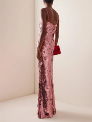 Back view of a rose gold sequin bodycon maxi dress.
