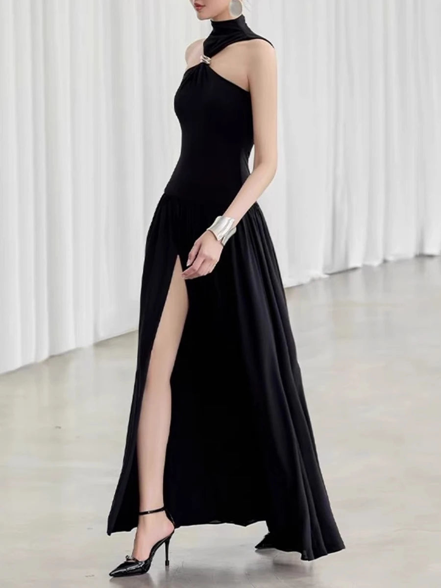 Black evening gown with a high slit