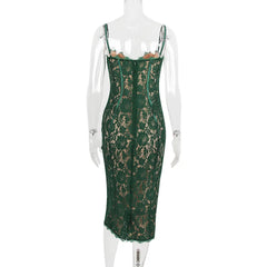 Green Lace Bodycon Corset Midi Dress
