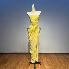 Strapless Lace Up Draped Slit Maxi Dress