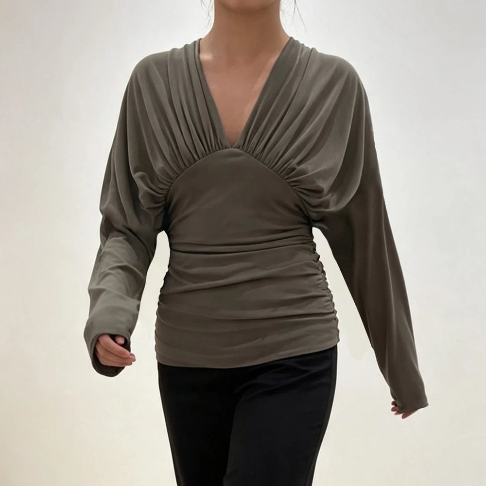 Draped V-neck long sleeve top in grey