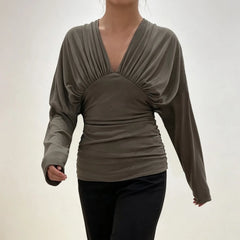 Draped V-neck long sleeve top in grey