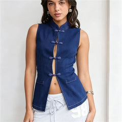 Dark blue mandarin collar frog button vest with sweatpants