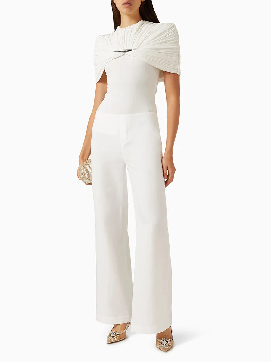 White draped metal detail round neck top with clutch