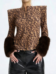 Leopard Print Fur Trim Long Sleeve Top