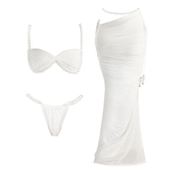White bikini and ruched skirt with pearl embellishments