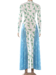 Long-sleeve dress with cactus pattern and blue overlay on a white background
