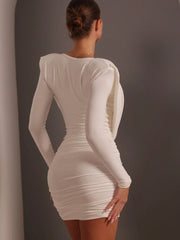 Long Sleeve Deep Neck Draped Ruched Mini Dress