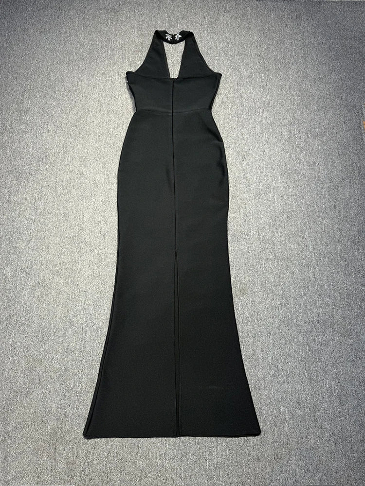 Black halter diamond beaded backless gown.