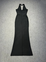 Black halter diamond beaded backless gown.