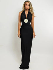 Black halter neck maxi dress with floral detail