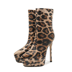 Leopard print high-heeled sock boots on a white background