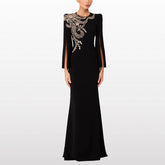 Black slit sleeve beaded O-neck maxi dress
