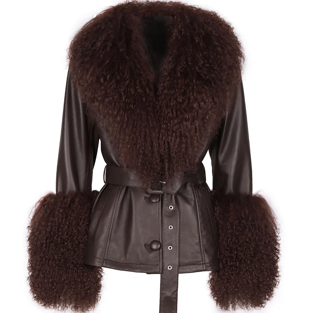 Brown leather jacket with fur trim
