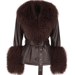 Brown leather jacket with fur trim