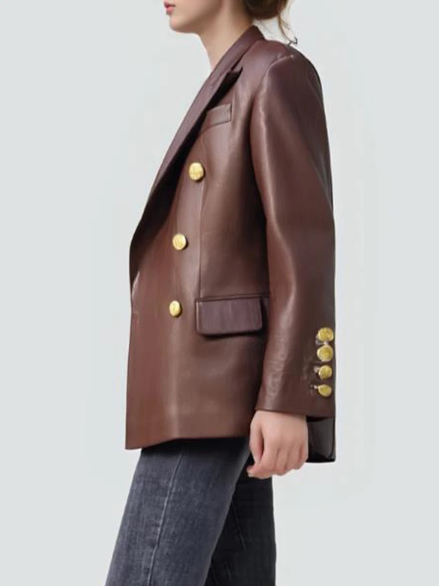 Brown leather blazer with gold buttons on a plain background