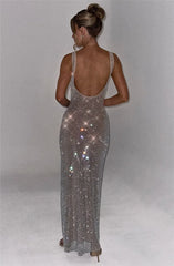 Sparkle Sequin Backless Maxi Dress – Sleeveless Club Gown with Square Neck