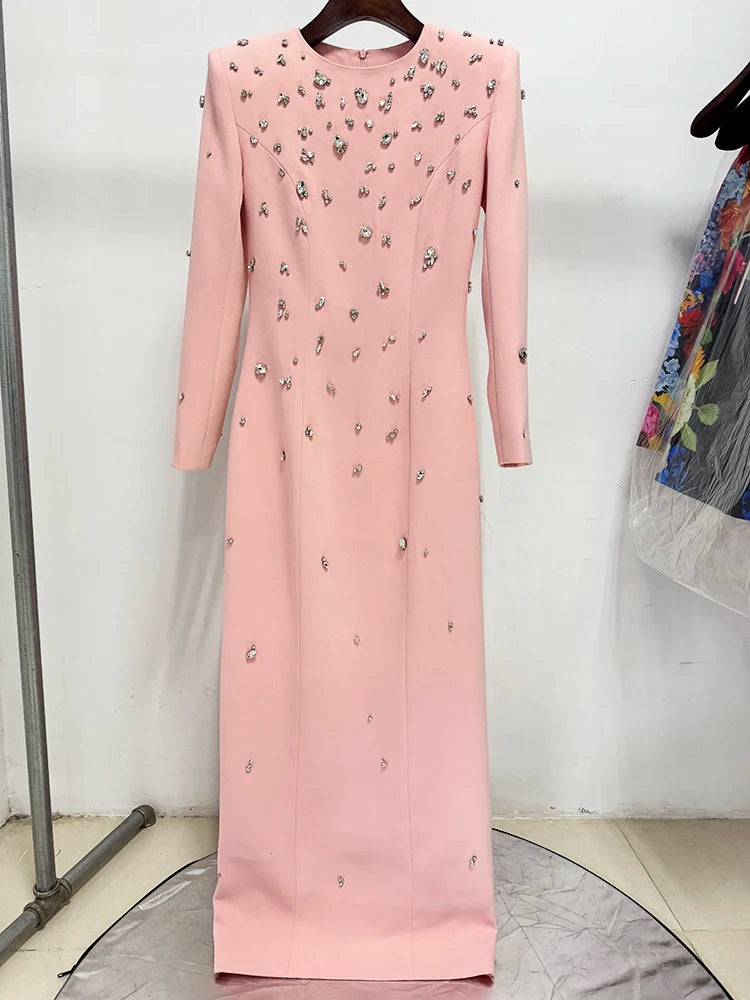 Pink long sleeve maxi dress with all-over rhinestone embellishments