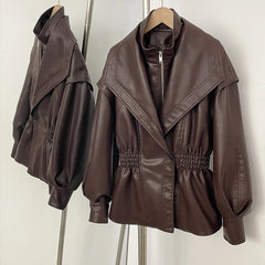 Faux Leather Jacket with Cinched Waist and High Neck Top