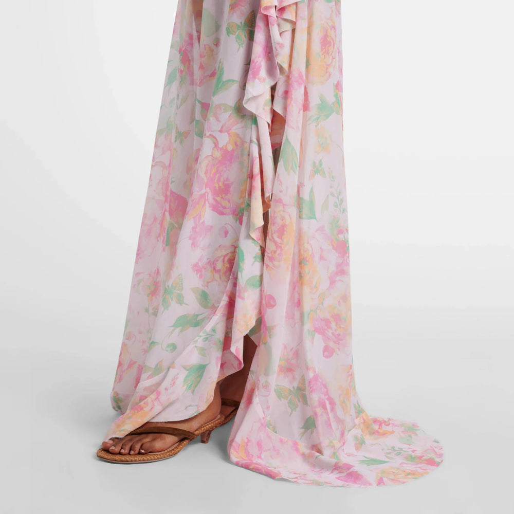 Close-up of the flowing ruffled maxi skirt with floral print.