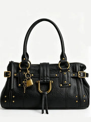 Black structured shoulder bag with gold-tone hardware and lock charm