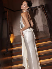 Satin Pleated Drape Front Tie-Up Long Dress