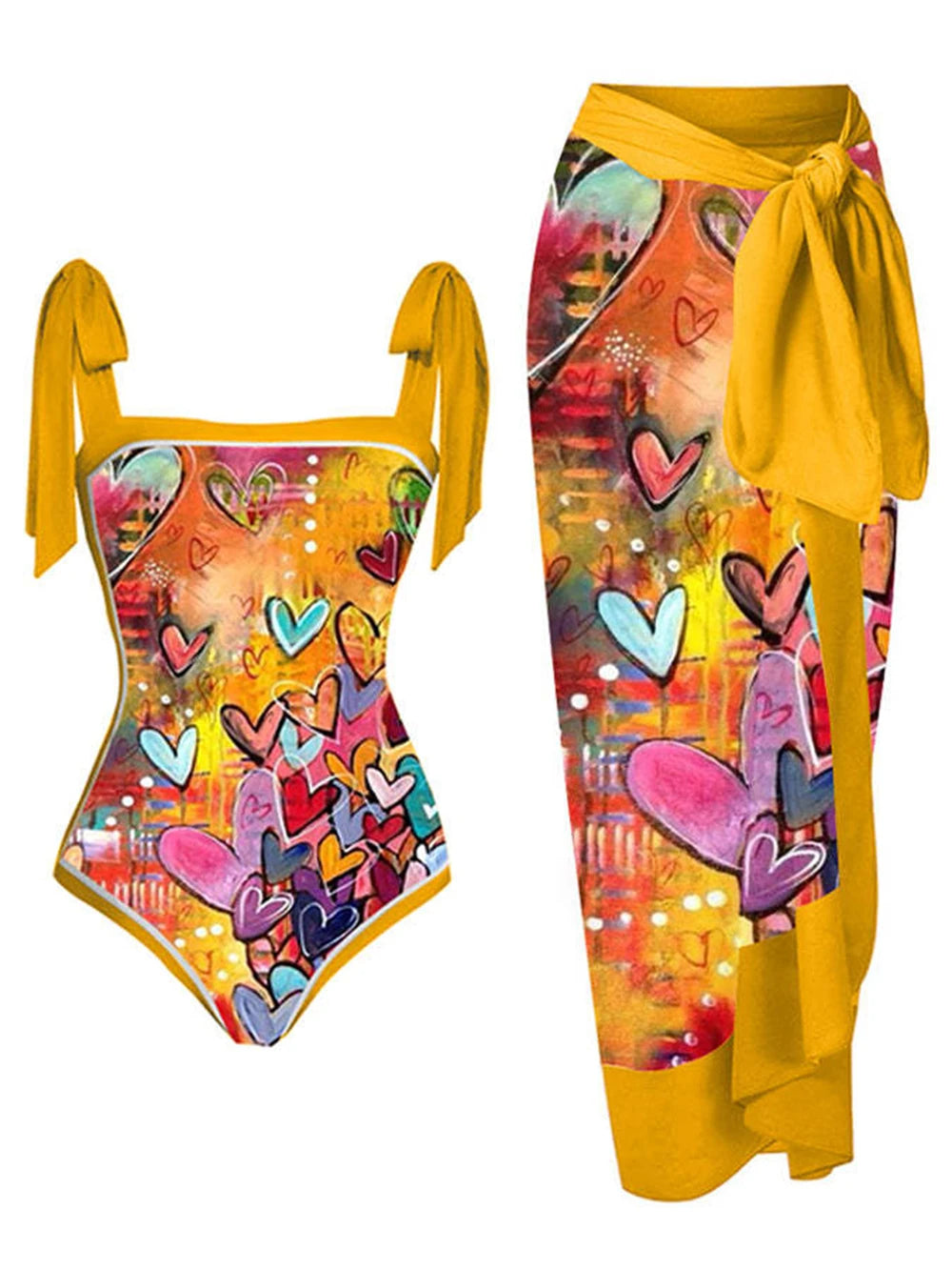 Vibrant heart print bikini set with tie straps and a matching wrap sarong.
