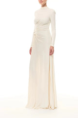 Long sleeve high split maxi dress with draped bodice, side view
