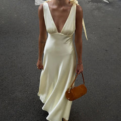 Satin Tie Up V-Neck Maxi Dress